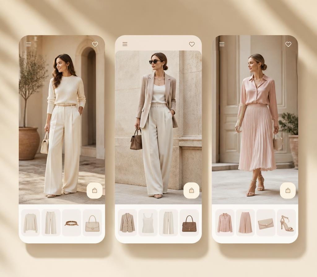 App screens showing outfits built from your own wardrobe
